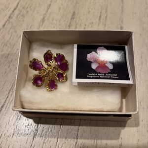 Vintage Singapore Ntl. Flower Purple Orchid Brooch 24 K Gold Plated Pin NIB